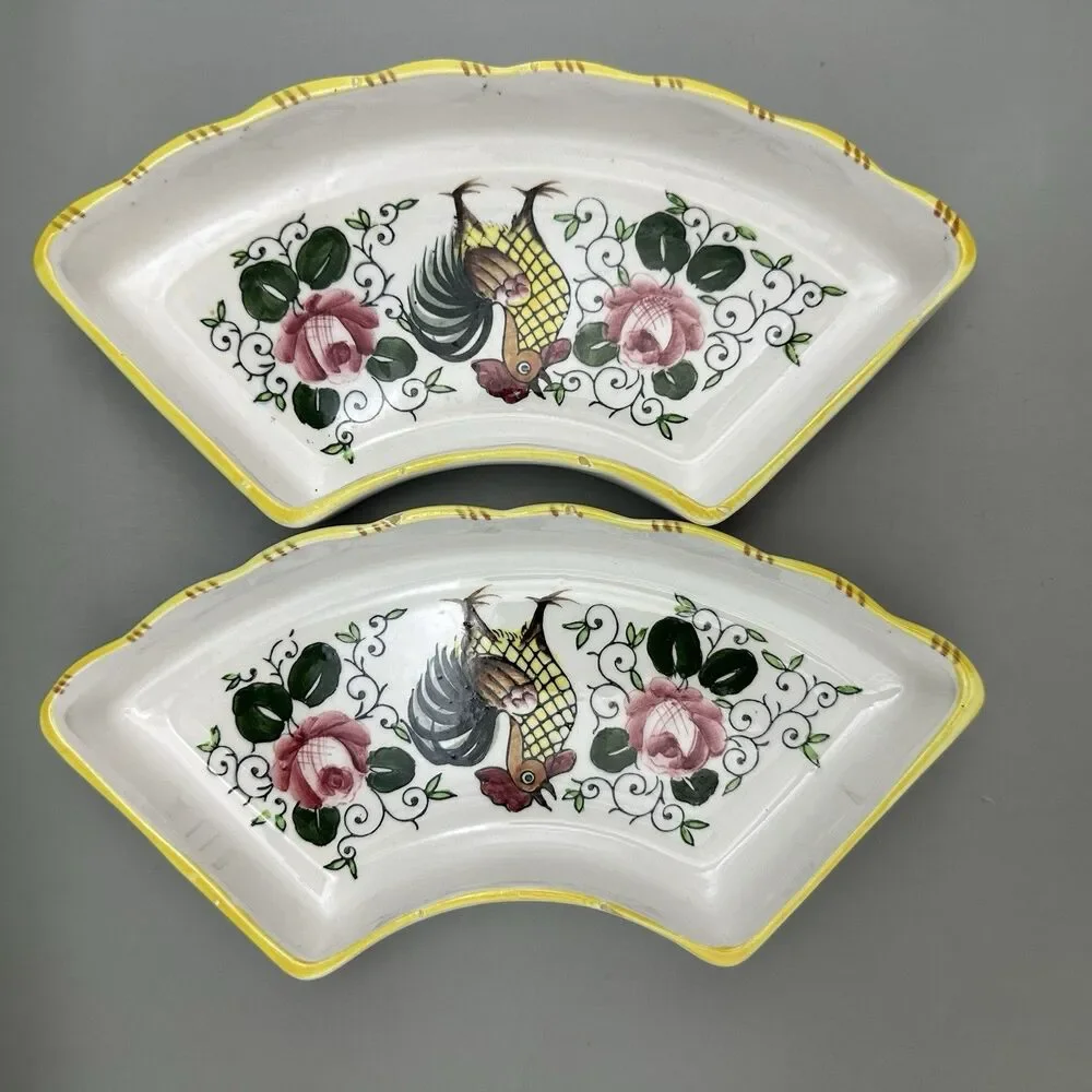 Early Provincial Rooster Lazy Susan Replacement Dishes Hand Painted Japan Set 2